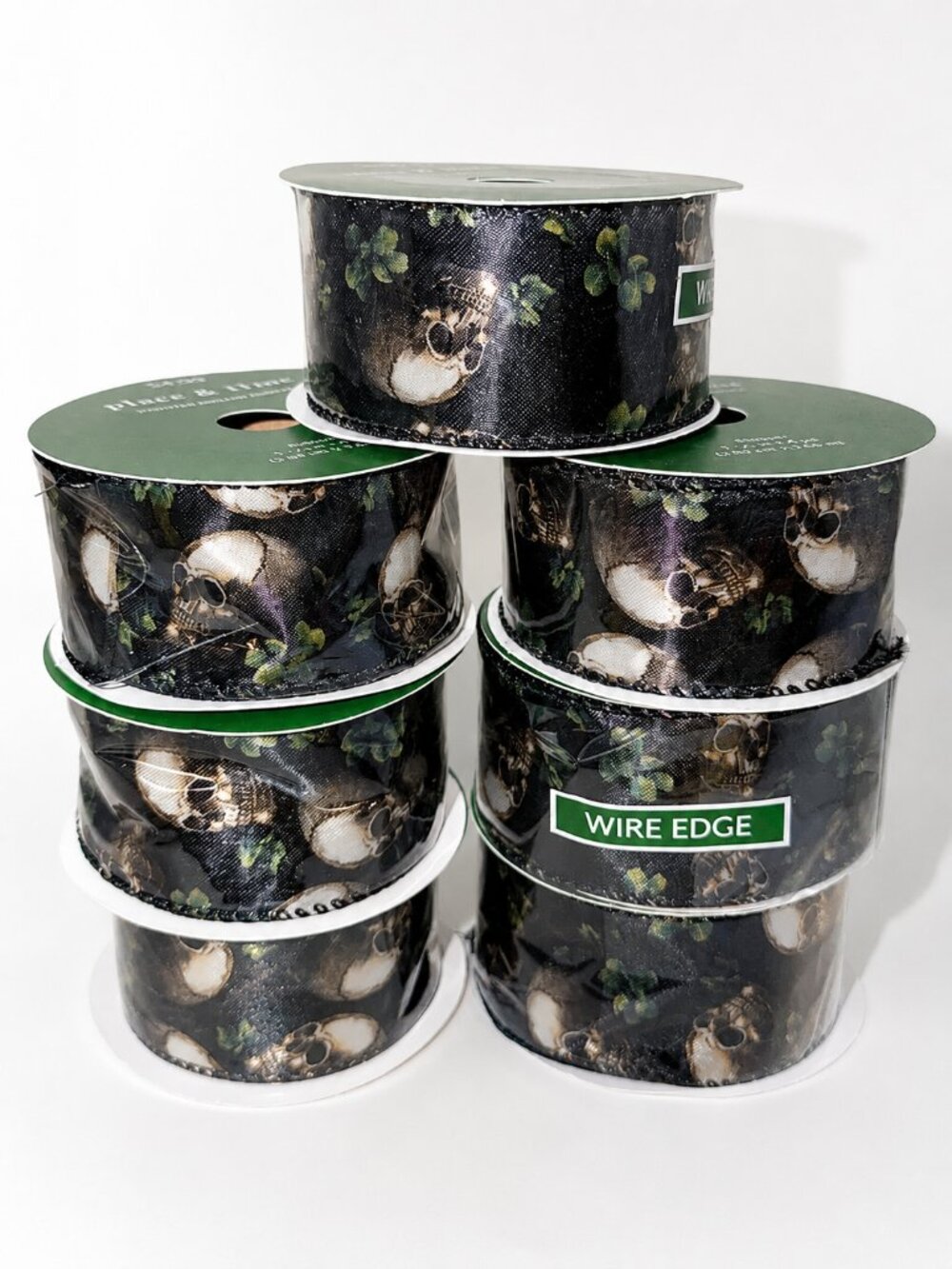 Halloween Skull Wired Edge Ribbon Spool Bundle Lot Gothic Botanical Craft Black